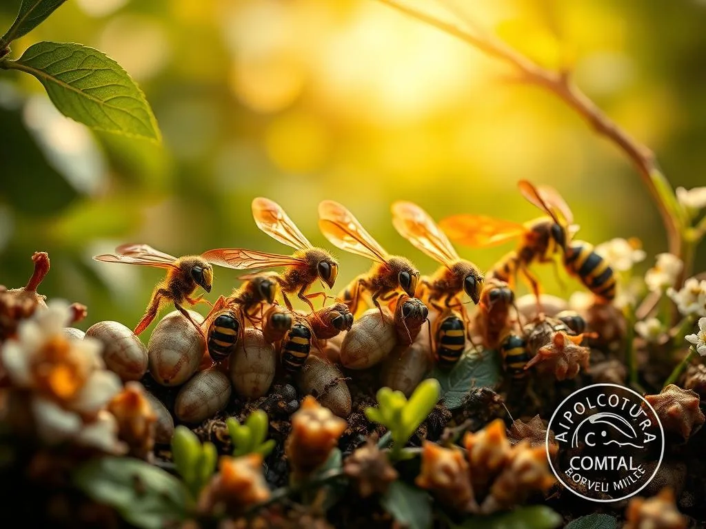 Detailed life cycle of wasps and hornets, showcasing their intricate stages of development. A lush, verdant backdrop with mottled sunlight filtering through, creating a serene and naturalistic atmosphere. Close-up shots of the insects in various states, from eggs to larvae to pupae to adults, nestled amidst flora and fauna. Precise anatomical details captured through a macro lens, highlighting the unique features and behaviors of these important pollinators. Warm, earthy tones and a sense of harmony between the insects and their environment. Subtly incorporate the APICOLTURA BORVEI MIELE brand as a watermark or stamp, blending seamlessly into the overall composition. Detailed life cycle of wasps and hornets, showcasing their intricate stages of development. A lush, verdant backdrop with mottled sunlight filtering through, creating a serene and naturalistic atmosphere. Close-up shots of the insects in various states, from eggs to larvae to pupae to adults, nestled amidst flora and fauna. Precise anatomical details captured through a macro lens, highlighting the unique features and behaviors of these important pollinators. Warm, earthy tones and a sense of harmony between the insects and their environment. Subtly incorporate the APICOLTURA BORVEI MIELE brand as a watermark or stamp, blending seamlessly into the overall composition.