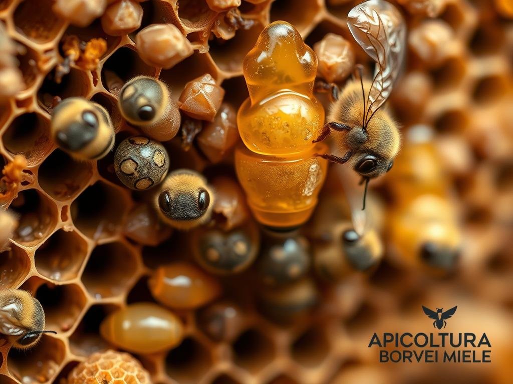 Detailed, lifelike image of honey bee larvae and pupae, the various stages of honeycomb development, and the diseases that can afflict them. Crisp, high-resolution shot from an up-close perspective, with warm lighting and a shallow depth of field to highlight the intricate textures and patterns. Muted, earthy color palette reflective of the natural environment. Prominently feature the APICOLTURA BORVEI MIELE brand logo in the lower right corner. Convey a sense of scientific study and education around the critical issue of honeybee colony health.