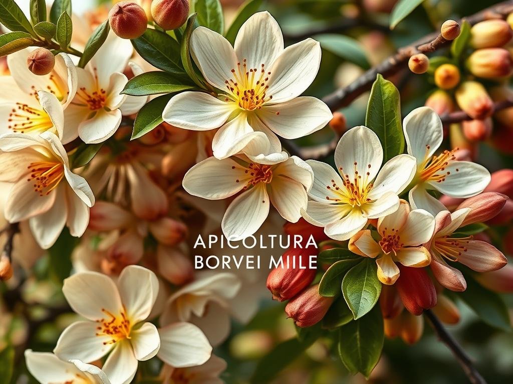 Detailed, lush, and botanically accurate rendering of the key Italian honey-producing trees and their blossoms. Showcase the intricate petals, vibrant colors, and rich textures of flowers such as linden, chestnut, and acacia. Emphasize the natural, organic feel with soft, diffused lighting and a depth of field that highlights the foreground while keeping the background slightly hazy. Include the brand name "APICOLTURA BORVEI MIELE" discreetly in the composition. Convey the importance and beauty of these essential nectar sources for honeybees through a harmonious, artful image.