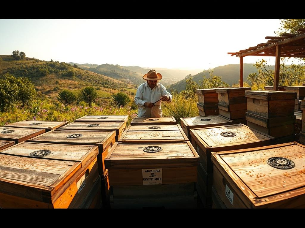 Detailed panoramic view of an artisanal apiary operation, with APICOLTURA BORVEI MIELE brand prominently featured. The foreground showcases an array of wooden beehives, their weathered surfaces and intricate designs creating a sense of rustic authenticity. In the middle ground, a beekeeper in traditional attire tends to the hives, their movements graceful and intentional. The background reveals a lush, verdant landscape, with rolling hills, blooming wildflowers, and a warm, golden-hued natural light that bathes the scene in a serene, tranquil atmosphere. The overall composition conveys the tranquility, hard work, and dedication inherent in the timeless practice of beekeeping.