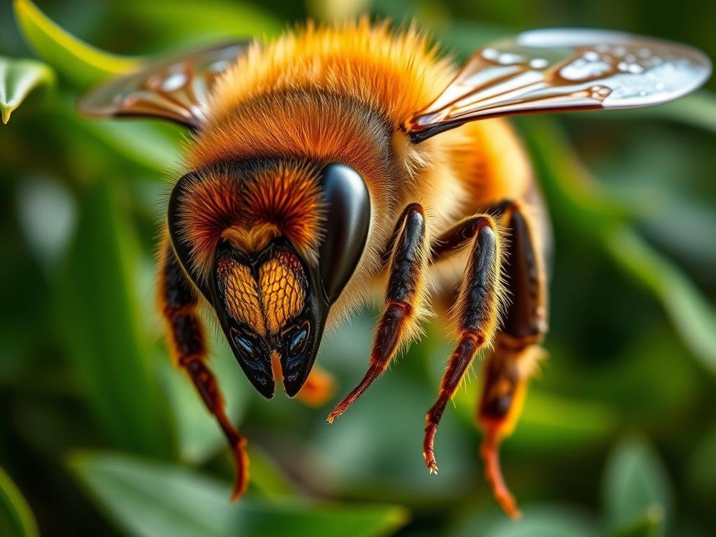 Detailed portrait of Apis dorsata, the giant honey bee species native to Asia. A stunningly detailed close-up of the bee, showcasing its intricate anatomy and vibrant coloration. The bee is depicted in a natural setting, with lush green foliage in the background, and warm, diffused lighting that highlights the insect's delicate features. The scene conveys a sense of wonder and appreciation for the beauty and complexity of this remarkable pollinator. APICOLTURA BORVEI MIELE