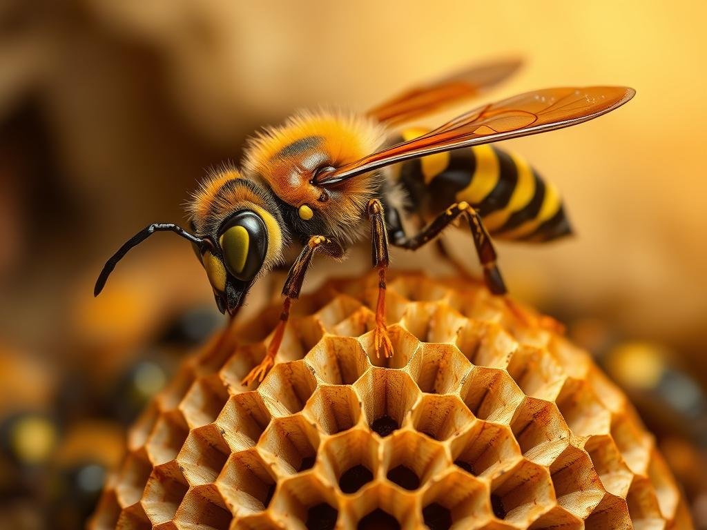 Detailed portrait of a majestic queen wasp, perched atop a meticulously crafted nest with a warm, golden glow. Her glossy carapace shimmers under the soft, diffused lighting, highlighting the intricate patterns and vibrant colors that adorn her body. The nest itself is a marvel of natural engineering, with delicate hexagonal cells and a sturdy, intricate structure. In the background, the image evokes a sense of the hive's bustling activity, with hints of worker wasps going about their tasks. The overall composition conveys a sense of power, grace, and the vital role of the queen in the colony. APICOLTURA BORVEI MIELE