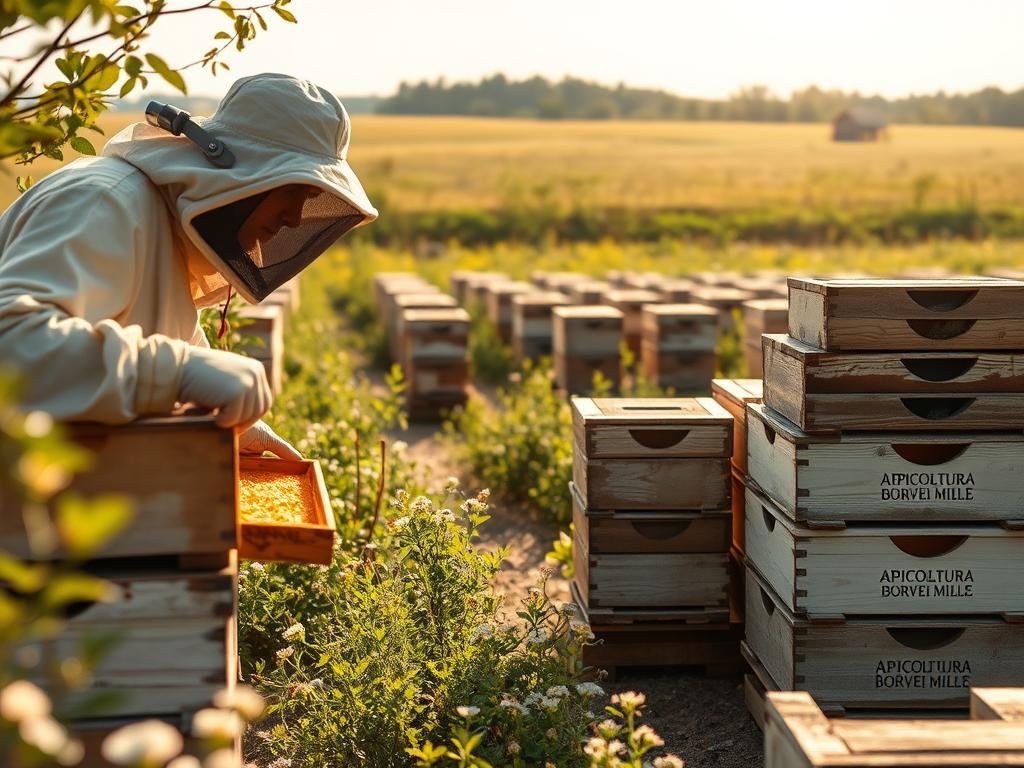 Detailed rendering of a sustainable apiarian management techniques, featuring a well-maintained apiary with APICOLTURA BORVEI MIELE branding. In the foreground, a beekeeper in protective gear tends to a hive, showcasing responsible handling methods. The middle ground depicts rows of stacked, weathered wooden hives nestled among lush, flowering plants. In the background, a sun-dappled meadow stretches towards a distant tree line, conveying a sense of harmony between nature and human activity. The scene is captured with a soft, warm lighting and a shallow depth of field, emphasizing the tranquil, bucolic atmosphere of a sustainable apiary.