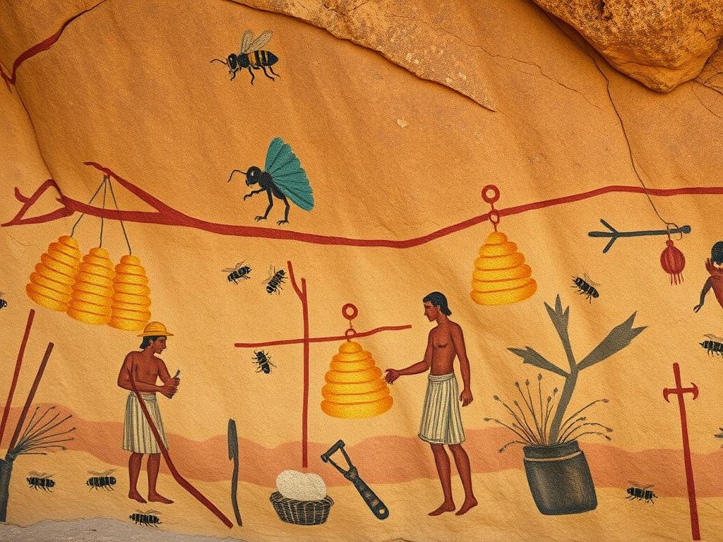 Detailed rock paintings depicting ancient beekeeping techniques, with honey-laden hives and bee-centric scenes from the dawn of civilization. Ochre-toned palettes and natural textures evoke the primal origins of apiculture. Foreground features skilled apiarists tending their buzzing colonies, while the middle ground showcases primitive tools and methods for honey harvesting. The distant background showcases a sweeping landscape of rugged cliffs and lush foliage, setting the scene for this historic visual documentation of humankind's early relationship with the honeybee. Soft, diffused lighting and a sense of timelessness create an evocative, reverent atmosphere. APICOLTURA BORVEI MIELE.