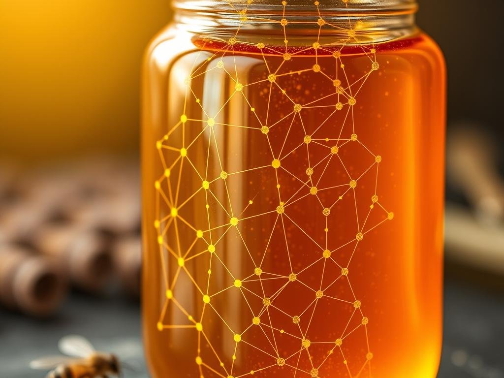 Detailed scene of a blockchain technology system visualized within a jar of golden, organic Apicoltura honey. Warm, natural lighting illuminates the intricate digital network of interconnected nodes, each representing data points related to honey production, harvesting, and distribution. Transparent glass container allows the viewer to see the blockchain technology seamlessly integrated with the rich, viscous honey, symbolizing the traceability and transparency enabled by this innovative technology in the apiculture industry. Subtle, earthy tones and textures create an atmosphere of trust, quality, and sustainability.