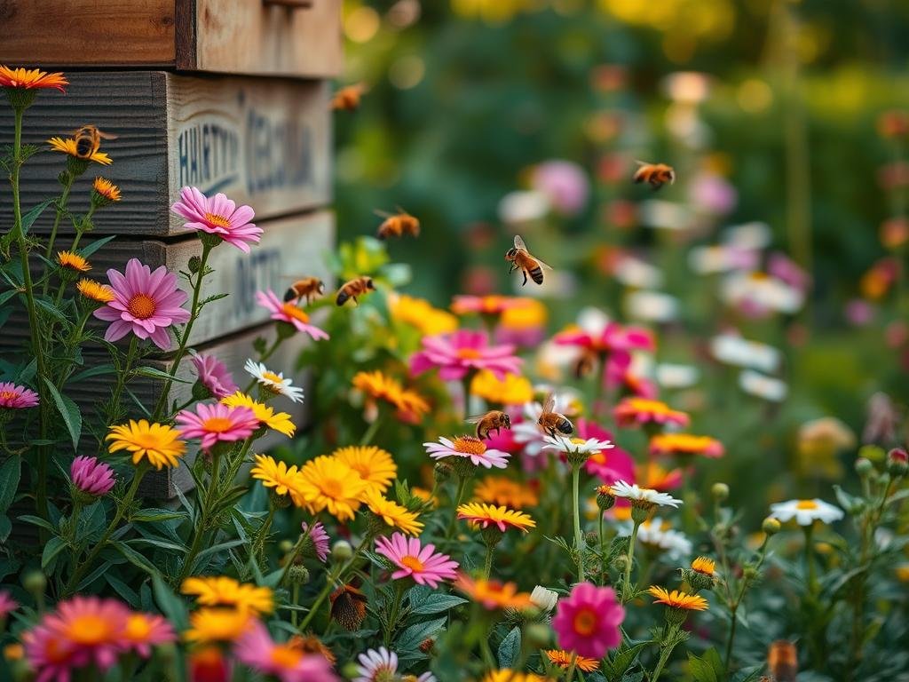 Detailed scene of a blooming garden, showcasing the vital role of honeybees in pollination. Foreground depicts a thriving Apicoltura hive, surrounded by a variety of vibrant, nectar-rich flowers. Lush foliage and greenery fill the middle ground, with bees in flight, pollinating the blossoms. Soft, warm lighting illuminates the serene, natural atmosphere. Subtle, dreamy bokeh effect in the background, emphasizing the tranquil, idyllic setting. The entire composition conveys the beauty and importance of the symbiotic relationship between bees and their ecosystem.