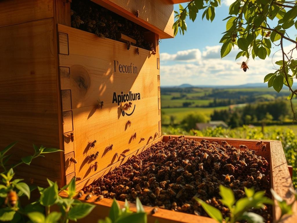 Detailed scene of a well-maintained beehive during the seasonal cycle. A wooden Apicoltura beehive sits amidst lush greenery, bathed in warm, golden natural lighting. Bees busily navigate the hive's exterior, collecting pollen and nectar. The hive's architecture is clearly visible, showcasing the intricate comb structure and busy worker bees. In the background, a picturesque countryside landscape unfolds, with rolling hills, distant trees, and a vibrant blue sky. The overall atmosphere conveys a sense of harmony, productivity, and the cyclical nature of the hive's seasonal management. Detailed scene of a well-maintained beehive during the seasonal cycle. A wooden Apicoltura beehive sits amidst lush greenery, bathed in warm, golden natural lighting. Bees busily navigate the hive's exterior, collecting pollen and nectar. The hive's architecture is clearly visible, showcasing the intricate comb structure and busy worker bees. In the background, a picturesque countryside landscape unfolds, with rolling hills, distant trees, and a vibrant blue sky. The overall atmosphere conveys a sense of harmony, productivity, and the cyclical nature of the hive's seasonal management.