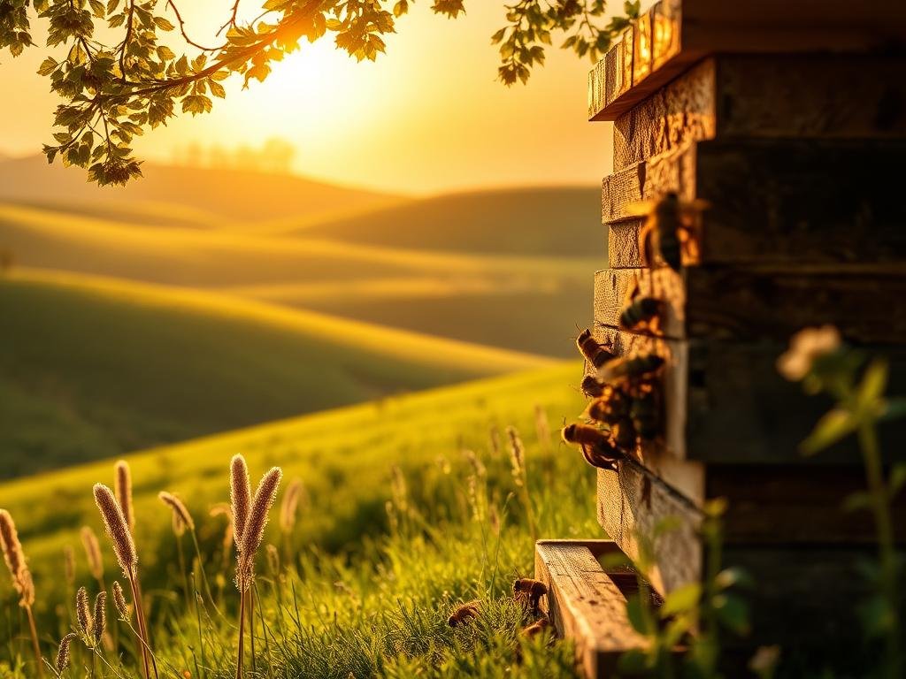Detailed scene of an Italian "Apicoltura normativa" with a beehive in the foreground, surrounded by lush green meadows, rolling hills, and a warm golden sun in the background. The beehive is crafted with traditional materials and techniques, reflecting the rich heritage of Italian apiculture. The scene conveys a sense of tranquility and harmony between nature and human activity. Soft, diffused lighting illuminates the composition, highlighting the intricate textures of the beehive and the vibrant colors of the landscape. The overall mood is one of calm, contemplation, and reverence for the essential role of bees in the Italian ecosystem.