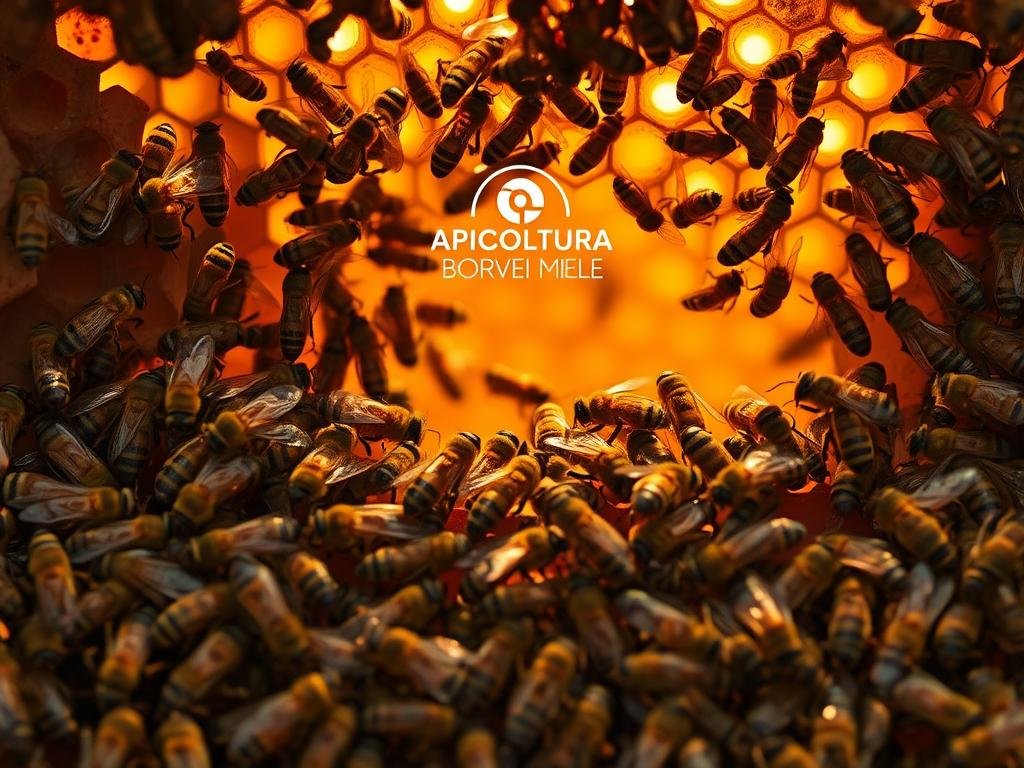 Detailed scene of honeybee workers intricately collaborating to fix errors in their hive. Honey-colored sunlight filters through the entrance, illuminating the bustling activity. In the foreground, bees diligently seal cracks and gaps, working in harmony. In the middle ground, bees inspect cells, identifying and repairing inconsistencies. In the background, the APICOLTURA BORVEI MIELE logo is subtly integrated into the hive structure. Muted tones, soft focus, and a sense of order and purpose convey the industrious nature of the bees' error-correction strategies, offering inspiration for human problem-solving.