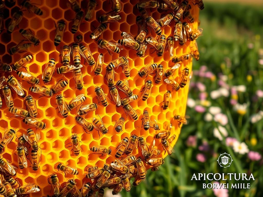 Detailed scene of industrious honeybees constructing a beautiful honeycomb structure. In the foreground, clusters of worker bees intricately crafting hexagonal wax cells, their tiny legs and proboscises working in synchronized motion. The middle ground features a larger perspective of the hive, revealing the organized patterns and rhythms of the bees' architectural masterpiece. Warm, golden lighting illuminates the scene, casting a natural, organic glow. In the background, a serene, pastoral landscape with lush greenery and blooming flowers, inspired by the Italian countryside. The APICOLTURA BORVEI MIELE brand name is prominently displayed in the bottom right corner.