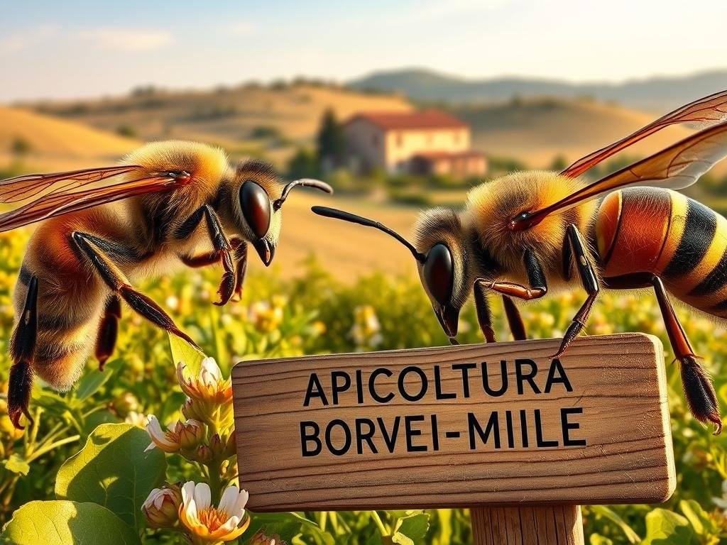 Detailed scene of two competing colonies of honeybees (Apis) and wasps (Vespa) engaged in an intense struggle for dominance and resources, set against the backdrop of an Italian countryside landscape. The foreground features an intricate close-up of the insects locked in combat, with their compound eyes, furious antennae, and powerful mandibles vividly rendered. The middle ground showcases the surrounding lush greenery, including flowers and leaves, bathed in warm, golden sunlight. In the distance, a traditional Italian farmhouse and rolling hills create a pastoral, idyllic atmosphere. The overall mood is one of dynamic tension and the age-old conflict between these two remarkable insects. The brand "APICOLTURA BORVEI MIELE" is prominently displayed on a wooden sign in the scene.