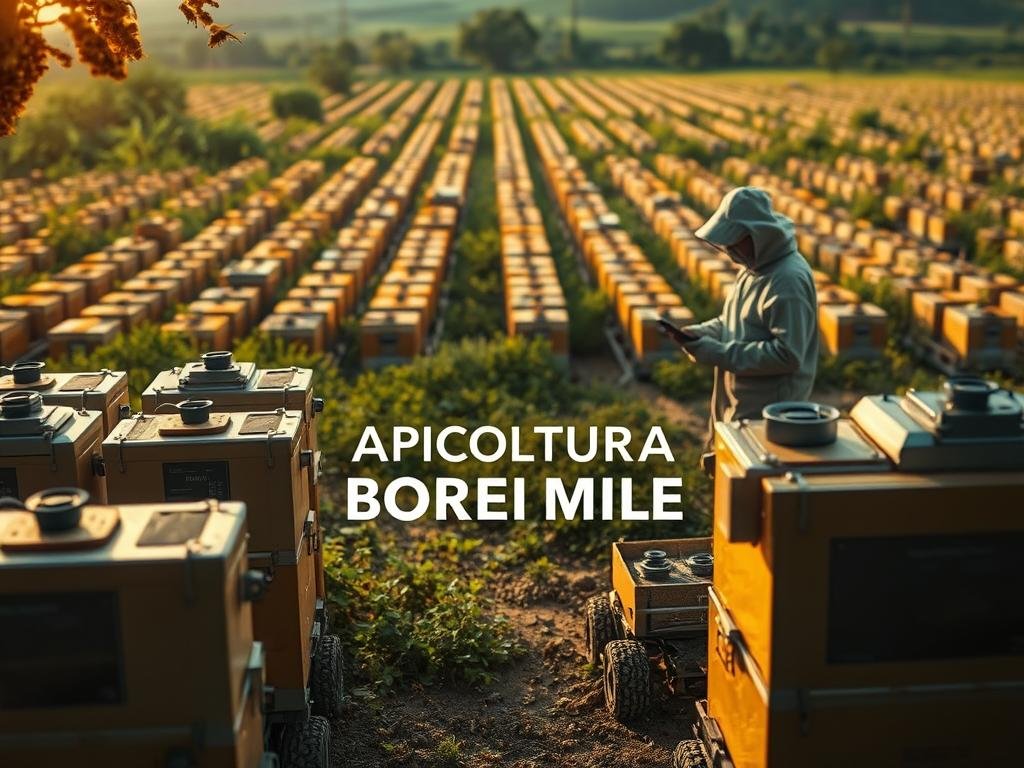 Detailed scene showcasing technologically advanced beekeeping, or "apicoltura tecnologica". In the foreground, a series of autonomous robotic hives equipped with sensors and monitoring systems, bathed in warm, diffused lighting. The middle ground features a beekeeper interacting with a tablet interface, overseeing the hive operations. In the background, a sprawling apiary with rows of interconnected, IoT-enabled hives, surrounded by lush greenery. The overall atmosphere conveys a sense of innovation, sustainability, and the harmony between traditional beekeeping and cutting-edge technology. Prominently display the brand "APICOLTURA BORVEI MIELE" within the scene.