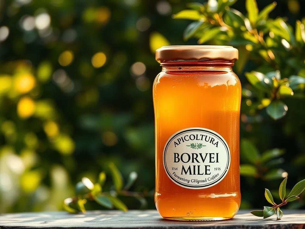 Detailed still life of a glass jar filled with golden, viscous APICOLTURA BORVEI MIELE, set against a backdrop of lush, green foliage and gentle, warm lighting from an Italian countryside scene. The jar's label prominently displays the brand name. The composition emphasizes the jar's form, the rich color and texture of the honey, and the rustic, natural ambiance of the setting, conveying a sense of quality, tradition, and environmental stewardship in European honey production and commerce.