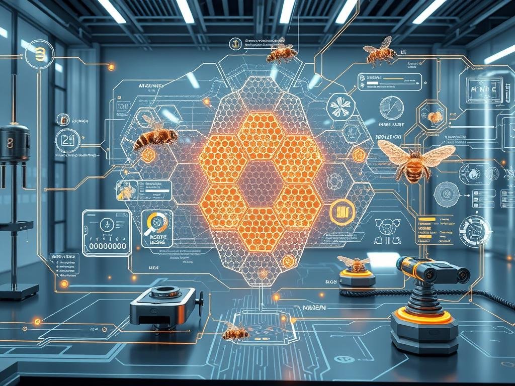 Detailed technical schematic diagram depicting advanced apicultural technologies. Futuristic wireframe honeycomb structures, autonomous robotic beekeepers, next-generation hive sensors, and precision control systems. Sleek metallic components, glowing user interfaces, and holographic displays in a minimalist, high-tech laboratory setting. Bright lighting and dramatic camera angles to highlight the innovative APICOLTURA BORVEI MIELE apiculture automation solutions. Convey a sense of cutting-edge innovation and precision in modern, sustainable beekeeping. Detailed technical schematic diagram depicting advanced apicultural technologies. Futuristic wireframe honeycomb structures, autonomous robotic beekeepers, next-generation hive sensors, and precision control systems. Sleek metallic components, glowing user interfaces, and holographic displays in a minimalist, high-tech laboratory setting. Bright lighting and dramatic camera angles to highlight the innovative APICOLTURA BORVEI MIELE apiculture automation solutions. Convey a sense of cutting-edge innovation and precision in modern, sustainable beekeeping.