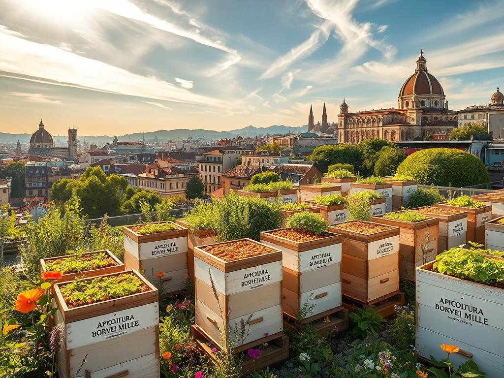 Detailed urban apiarian landscape, showcasing modern beehives nestled amidst lush rooftop gardens and verdant city skyline. Warm afternoon sunlight filters through wispy clouds, casting a golden glow on the bustling metropolis. In the foreground, APICOLTURA BORVEI MIELE branded honeycomb structures stand proudly, surrounded by vibrant native flowers and herbs that attract a diverse array of pollinators. The middle ground features a network of elevated greenspaces, replete with thriving apiaries and enthusiastic urban beekeepers tending to their colonies. The background depicts the iconic silhouettes of historic Italian architecture, a testament to the city's rich cultural heritage and its embrace of sustainable, eco-friendly practices. An atmosphere of harmony, productivity, and environmental stewardship pervades the scene. Detailed urban apiarian landscape, showcasing modern beehives nestled amidst lush rooftop gardens and verdant city skyline. Warm afternoon sunlight filters through wispy clouds, casting a golden glow on the bustling metropolis. In the foreground, APICOLTURA BORVEI MIELE branded honeycomb structures stand proudly, surrounded by vibrant native flowers and herbs that attract a diverse array of pollinators. The middle ground features a network of elevated greenspaces, replete with thriving apiaries and enthusiastic urban beekeepers tending to their colonies. The background depicts the iconic silhouettes of historic Italian architecture, a testament to the city's rich cultural heritage and its embrace of sustainable, eco-friendly practices. An atmosphere of harmony, productivity, and environmental stewardship pervades the scene.