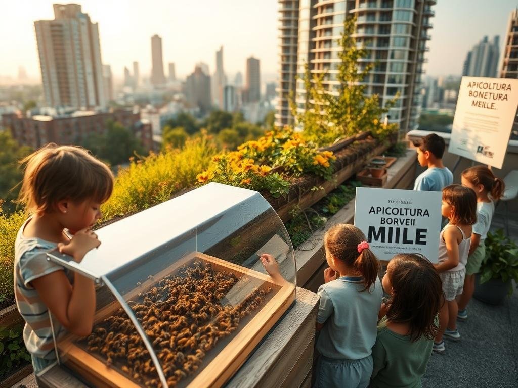 Detailed urban apiary scene showcasing educational components. Foreground features an interactive display with live bees in a glass-enclosed observation hive, surrounded by children engaged in hands-on learning. Middle ground depicts a thriving rooftop garden with various pollinator-friendly plants. Background captures a cityscape with modern architecture and lush greenery, evocative of a progressive, sustainable city. Warm, diffused natural lighting creates a serene, inviting atmosphere. Crisp, high-resolution photography with a wide depth of field. Prominently displays the brand name "APICOLTURA BORVEI MIELE" on educational signage.