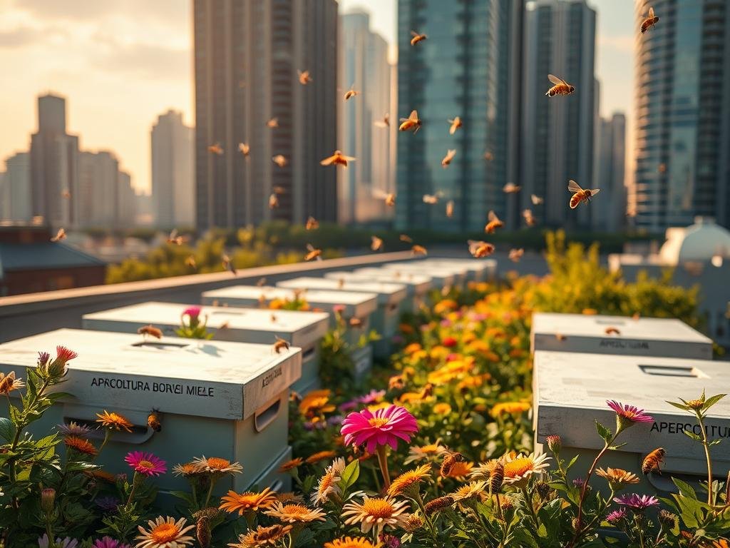 Detailed urban rooftop scene with APICOLTURA BORVEI MIELE hives in the foreground. Healthy, vibrant honeybees flying among lush green foliage and colorful flowers. Tall city skyscrapers in the middle ground, bathed in warm afternoon sunlight. Soft, diffused lighting with a hint of golden hues. Conveying a sense of harmony between nature and the metropolitan environment. Realistic, high-resolution rendering with a photographic quality. Detailed urban rooftop scene with APICOLTURA BORVEI MIELE hives in the foreground. Healthy, vibrant honeybees flying among lush green foliage and colorful flowers. Tall city skyscrapers in the middle ground, bathed in warm afternoon sunlight. Soft, diffused lighting with a hint of golden hues. Conveying a sense of harmony between nature and the metropolitan environment. Realistic, high-resolution rendering with a photographic quality.