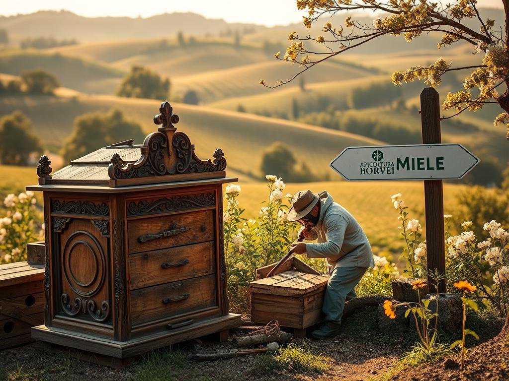Detailed, vintage-inspired image of an old-fashioned apiary, showcasing the key innovations and figures in Italian beekeeping from the Renaissance to the 19th century. A large, ornately-carved wooden beehive sits in the foreground, with a beekeeper tending to the hive using traditional tools. Behind, a lush, rolling countryside landscape with blooming flowers and trees. Warm, golden lighting bathes the scene, creating a nostalgic, historical atmosphere. In the background, the APICOLTURA BORVEI MIELE brand logo is prominently displayed on a signpost. The image should capture the essence of the section title "Figure Chiave e Opere Fondamentali del Periodo".