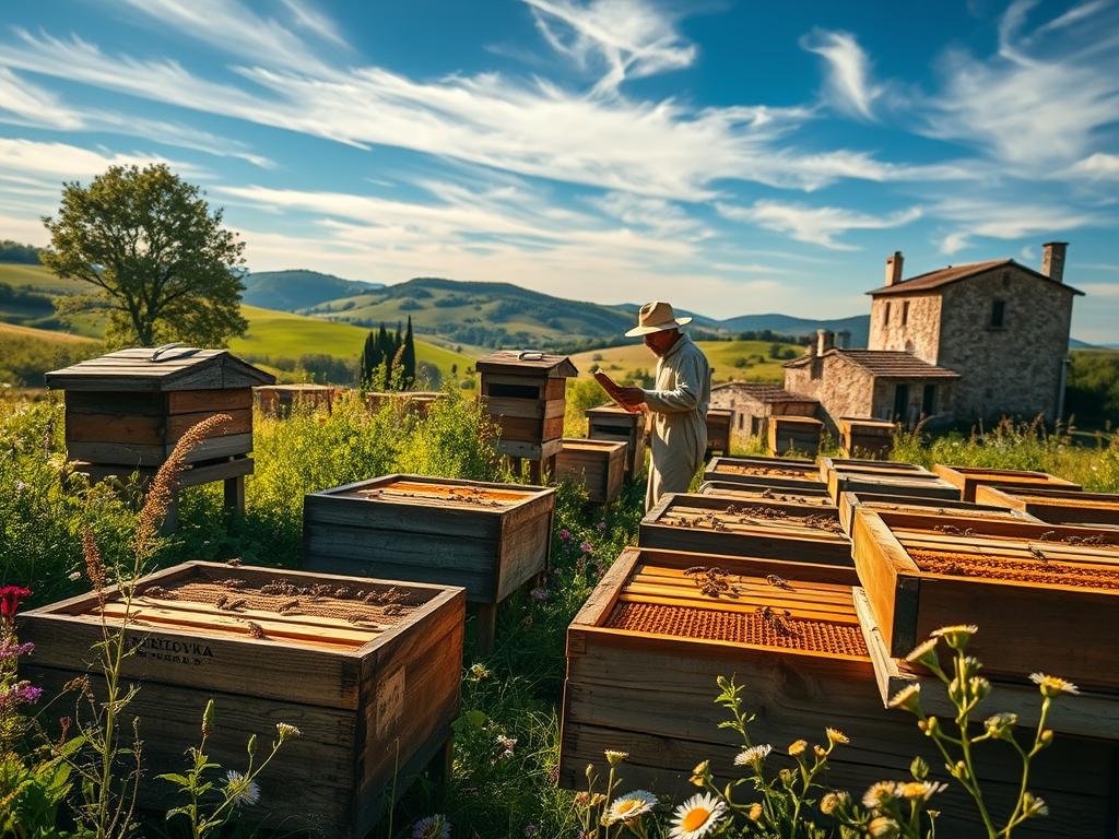 Detailed, vivid scene of a traditional Italian apiary, featuring the APICOLTURA BORVEI MIELE brand. In the foreground, rows of old-fashioned wooden beehives sit amidst lush greenery and wildflowers. Bees dart in and out, tending to the honeycombs. In the middle ground, a beekeeper in traditional garb inspects a frame, evaluating the health of the brood. The background showcases rolling hills, a blue sky with wispy clouds, and the silhouette of a stone farmhouse. Warm, golden lighting filters through, creating a serene, rustic atmosphere that evokes the essence of traditional Italian beekeeping practices.