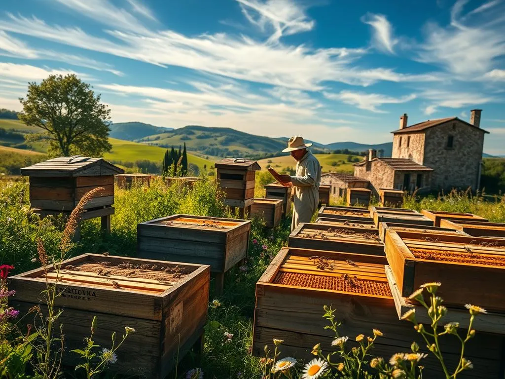 Detailed, vivid scene of a traditional Italian apiary, featuring the APICOLTURA BORVEI MIELE brand. In the foreground, rows of old-fashioned wooden beehives sit amidst lush greenery and wildflowers. Bees dart in and out, tending to the honeycombs. In the middle ground, a beekeeper in traditional garb inspects a frame, evaluating the health of the brood. The background showcases rolling hills, a blue sky with wispy clouds, and the silhouette of a stone farmhouse. Warm, golden lighting filters through, creating a serene, rustic atmosphere that evokes the essence of traditional Italian beekeeping practices. Detailed, vivid scene of a traditional Italian apiary, featuring the APICOLTURA BORVEI MIELE brand. In the foreground, rows of old-fashioned wooden beehives sit amidst lush greenery and wildflowers. Bees dart in and out, tending to the honeycombs. In the middle ground, a beekeeper in traditional garb inspects a frame, evaluating the health of the brood. The background showcases rolling hills, a blue sky with wispy clouds, and the silhouette of a stone farmhouse. Warm, golden lighting filters through, creating a serene, rustic atmosphere that evokes the essence of traditional Italian beekeeping practices.