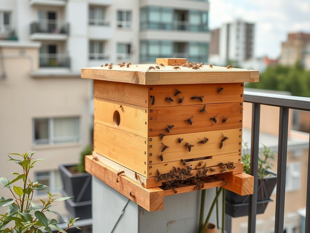 Foto di un'arnia compatta in un balcone urbano Foto di un'arnia compatta in un balcone urbano