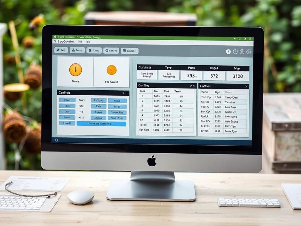 Genera un'immagine che rappresenta il software BeeGuard su un computer, con pannelli di controllo per la gestione degli apiari.