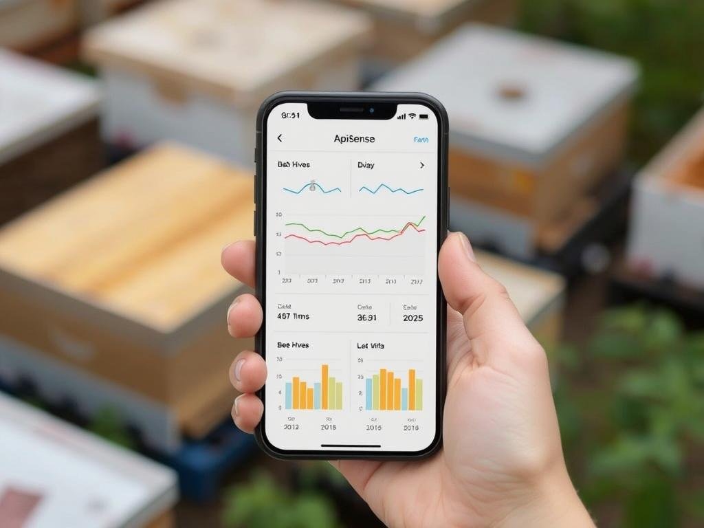 Genera un'immagine che rappresenta l'applicazione ApiSense su uno smartphone, con dati e grafici sugli alveari.