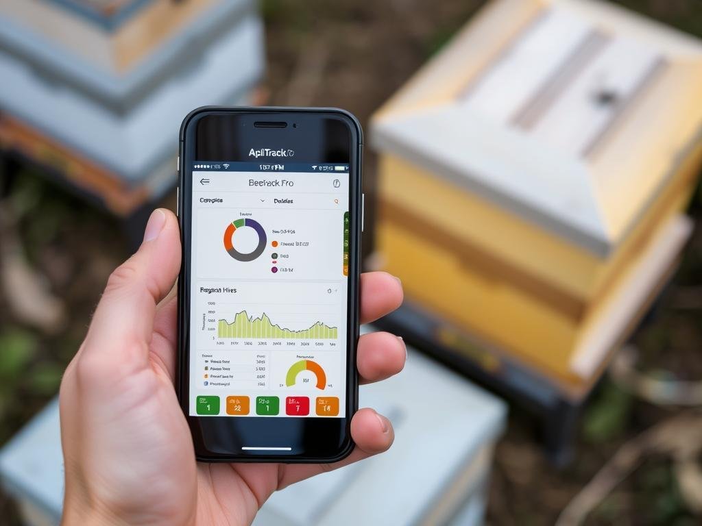 Genera un'immagine che rappresenta l'applicazione ApiTrack Pro su uno smartphone, con grafici e dati sugli alveari.