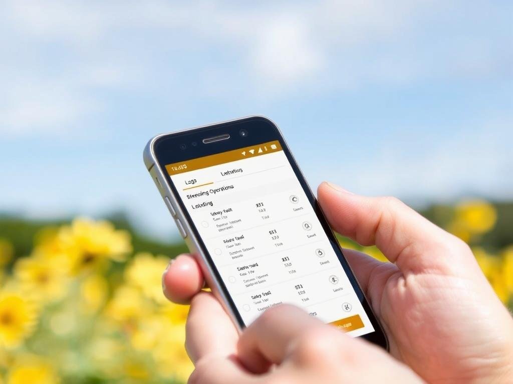 Genera un'immagine che rappresenta l'applicazione ApiaryBook su uno smartphone, con registri e dati sugli apiari.