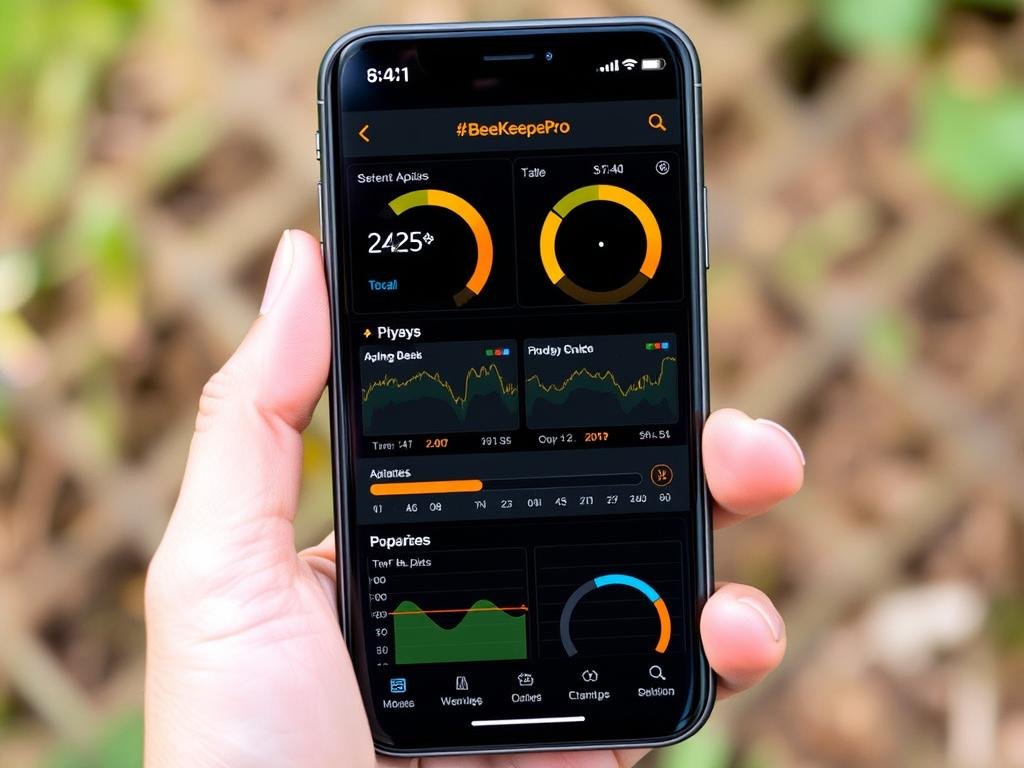 Genera un'immagine che rappresenta l'applicazione BeeKeeper Pro su uno smartphone, con dati e grafici sugli apiari.