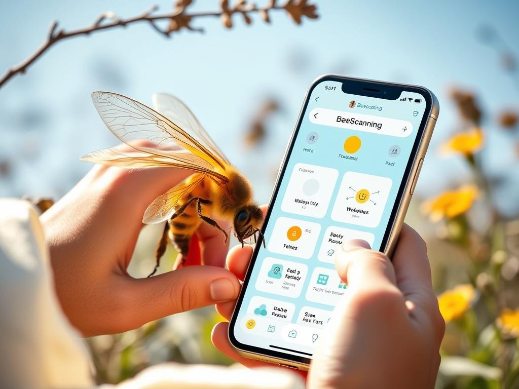 Genera un'immagine che rappresenta l'applicazione BeeScanning in uso.