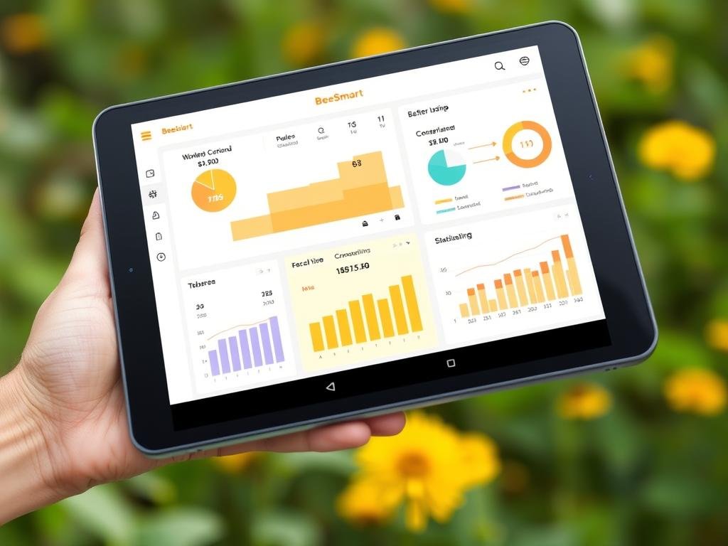 Genera un'immagine che rappresenta l'applicazione BeeSmart su un tablet, con dati e grafici sugli alveari.