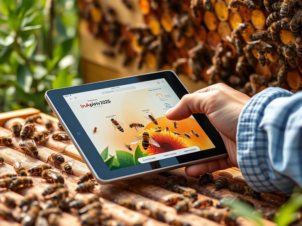Genera un'immagine che rappresenta l'applicazione InApiario 2025 in uso su un tablet in un apiario.