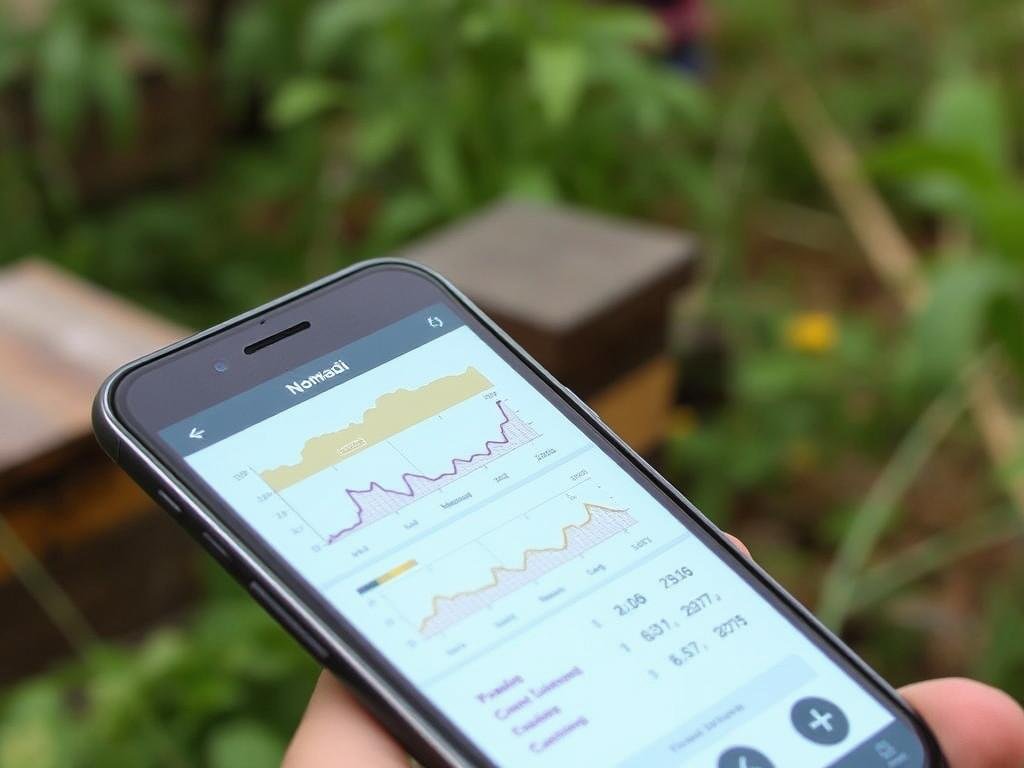 Genera un'immagine che rappresenta l'applicazione NoMaDi-app su uno smartphone, con grafici e dati sugli alveari.