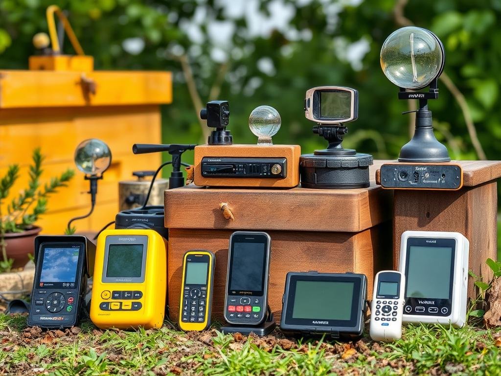 Genera un'immagine che rappresenta una gamma di dispositivi di monitoraggio per alveari