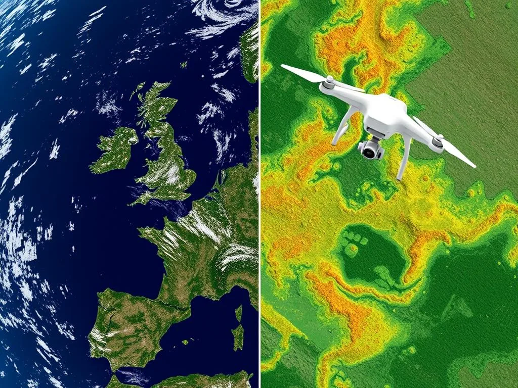 Genera un'immagine che rappresenti FlyPix AI in azione, con immagini satellitari e di droni che mostrano l'analisi geospaziale per il monitoraggio ambientale. Genera un'immagine che rappresenti FlyPix AI in azione, con immagini satellitari e di droni che mostrano l'analisi geospaziale per il monitoraggio ambientale.