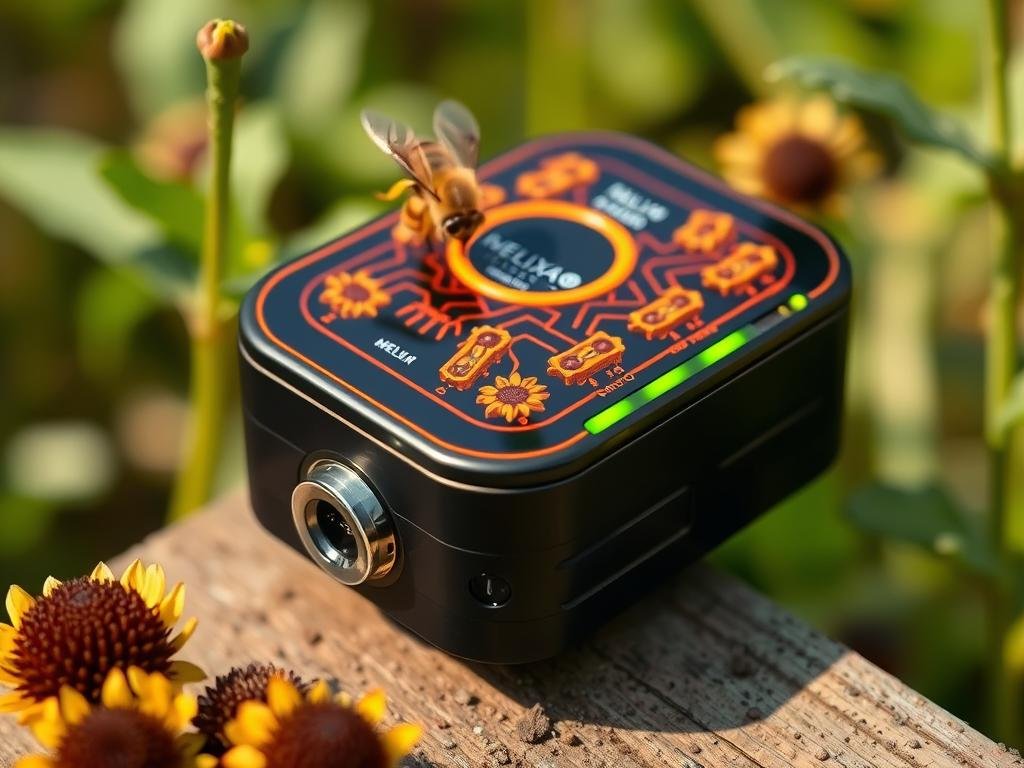 Genera un'immagine che rappresenti il dispositivo Melixa per il biomonitoraggio delle api