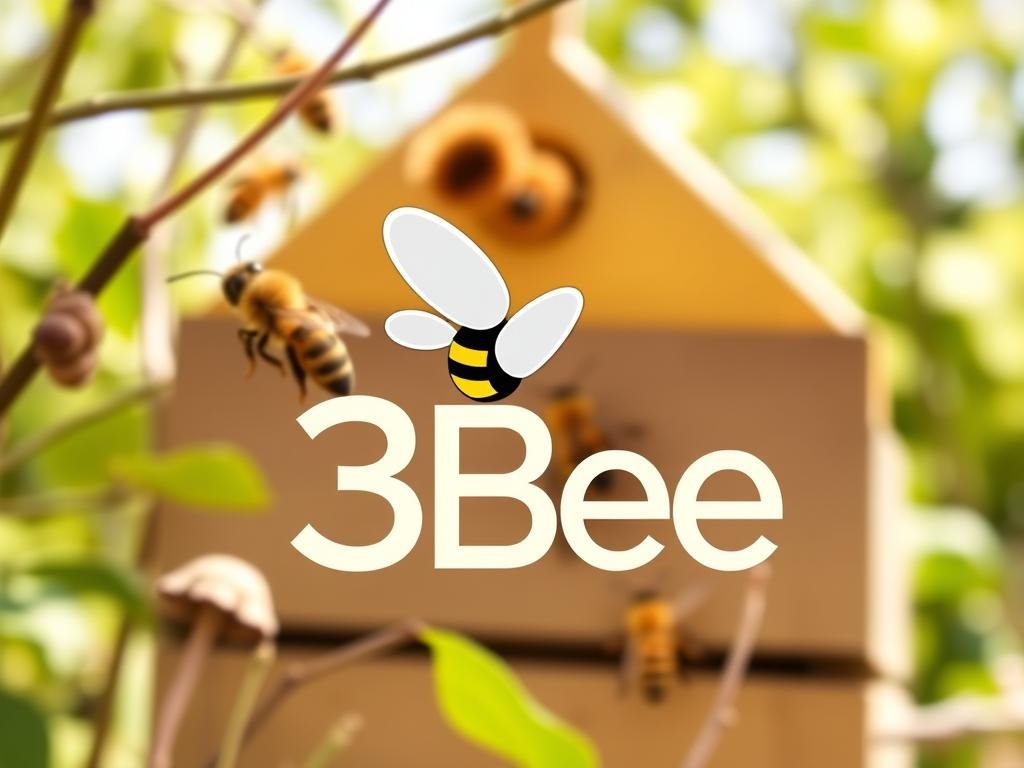 Genera un'immagine che rappresenti il logo di 3Bee con un apiario sullo sfondo