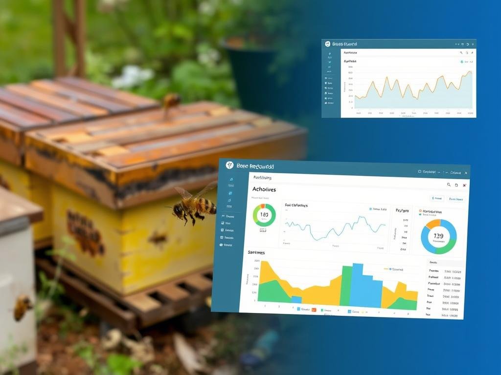Genera un'immagine che rappresenti il software BeeGuard in azione, con grafici e dati sugli alveari.