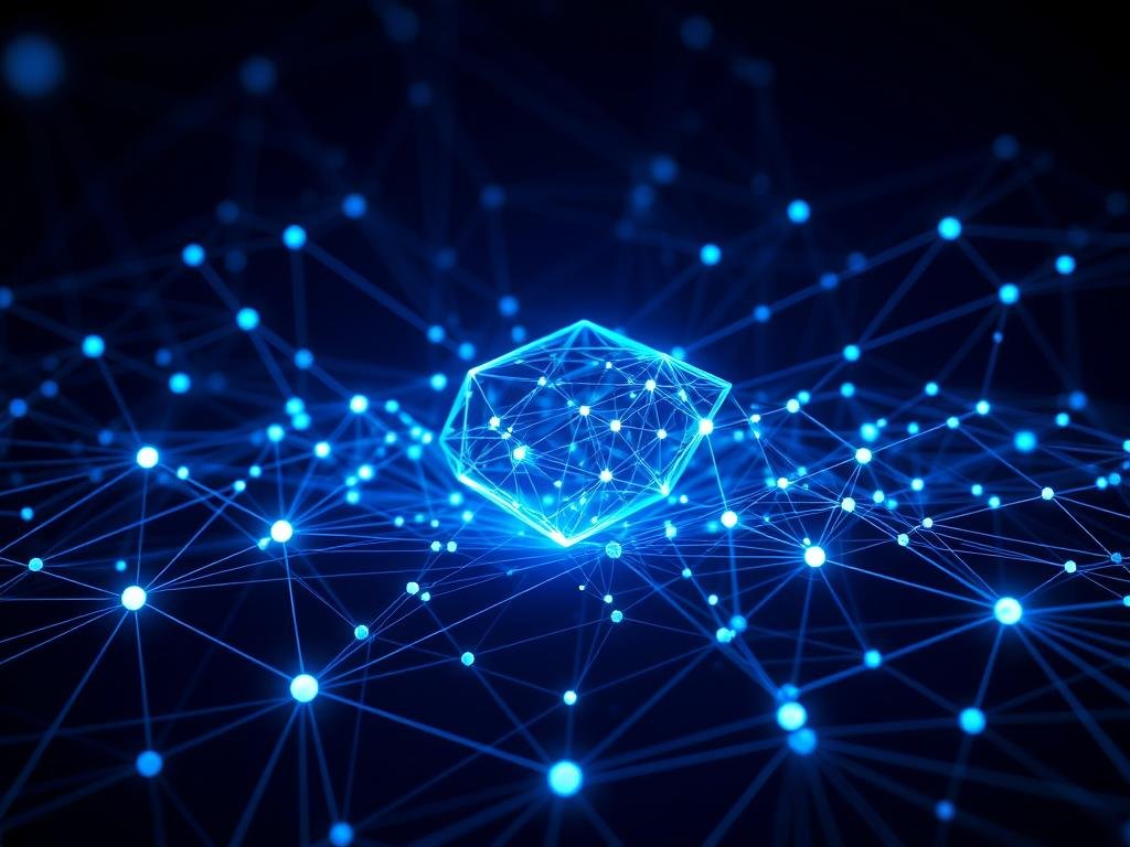 Genera un'immagine che rappresenti la blockchain come un registro digitale distribuito