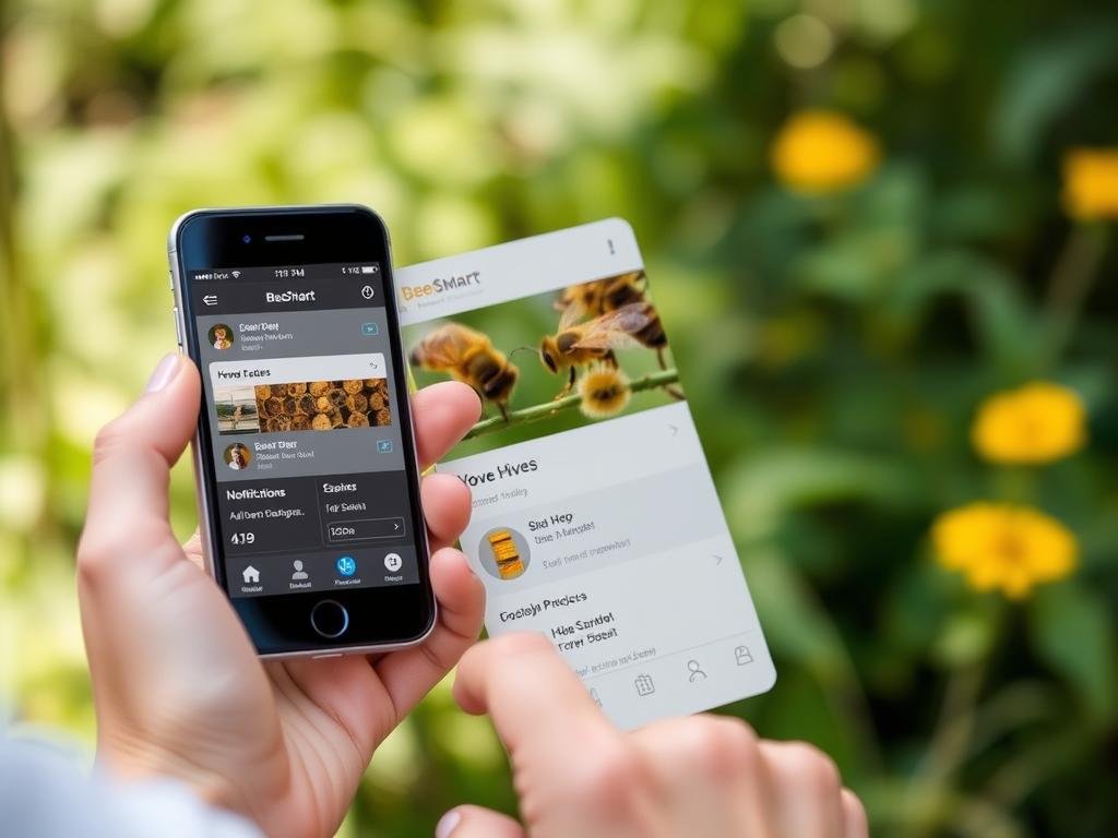 Genera un'immagine che rappresenti l'app BeeSmart in uso su un dispositivo mobile, con notifiche e dati sugli alveari.