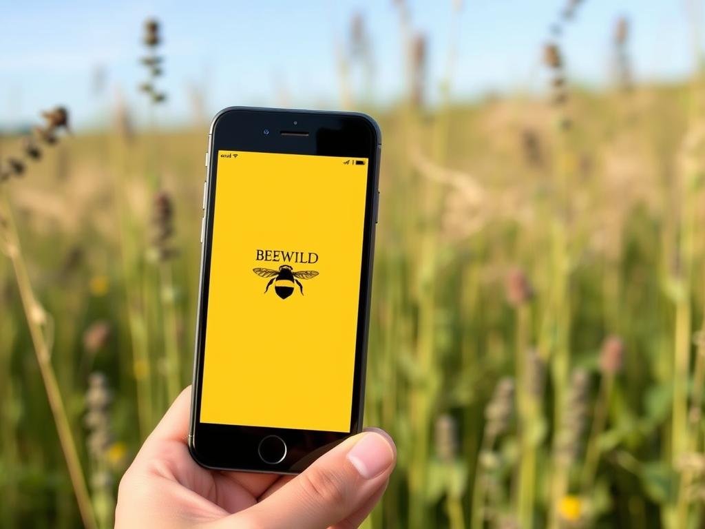 Genera un'immagine che rappresenti l'applicazione BeeWild su uno smartphone, con uno sfondo naturale.