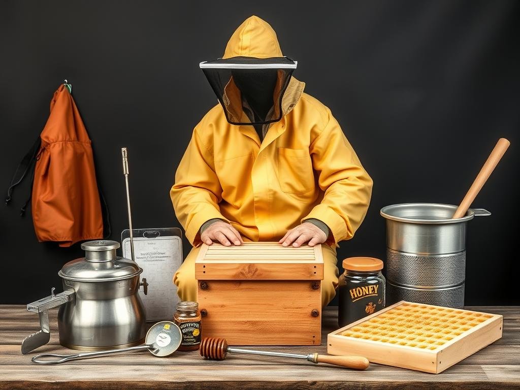 Genera un'immagine che rappresenti l'attrezzatura necessaria per l'apicoltura.