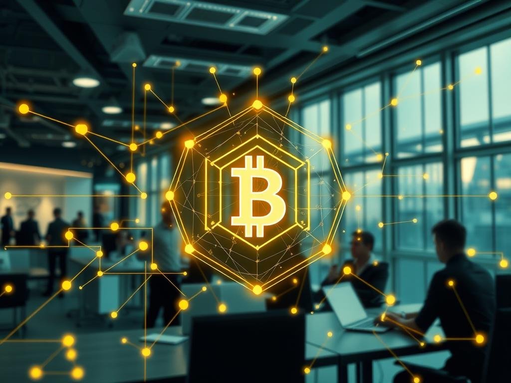 Genera un'immagine che rappresenti l'integrazione della tecnologia blockchain in un ambiente aziendale