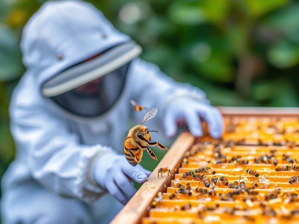 Genera un'immagine che rappresenti l'utilizzo di algoritmi di machine learning nell'apicoltura per prevedere e prevenire problemi legati alla salute delle api.