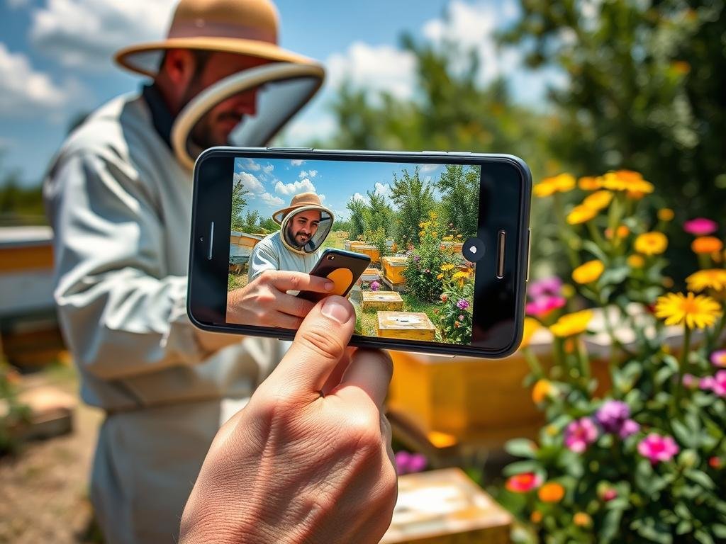 Genera un'immagine che rappresenti un apicoltore che utilizza NOMADI-App su un dispositivo mobile mentre si trova in un apiario.
