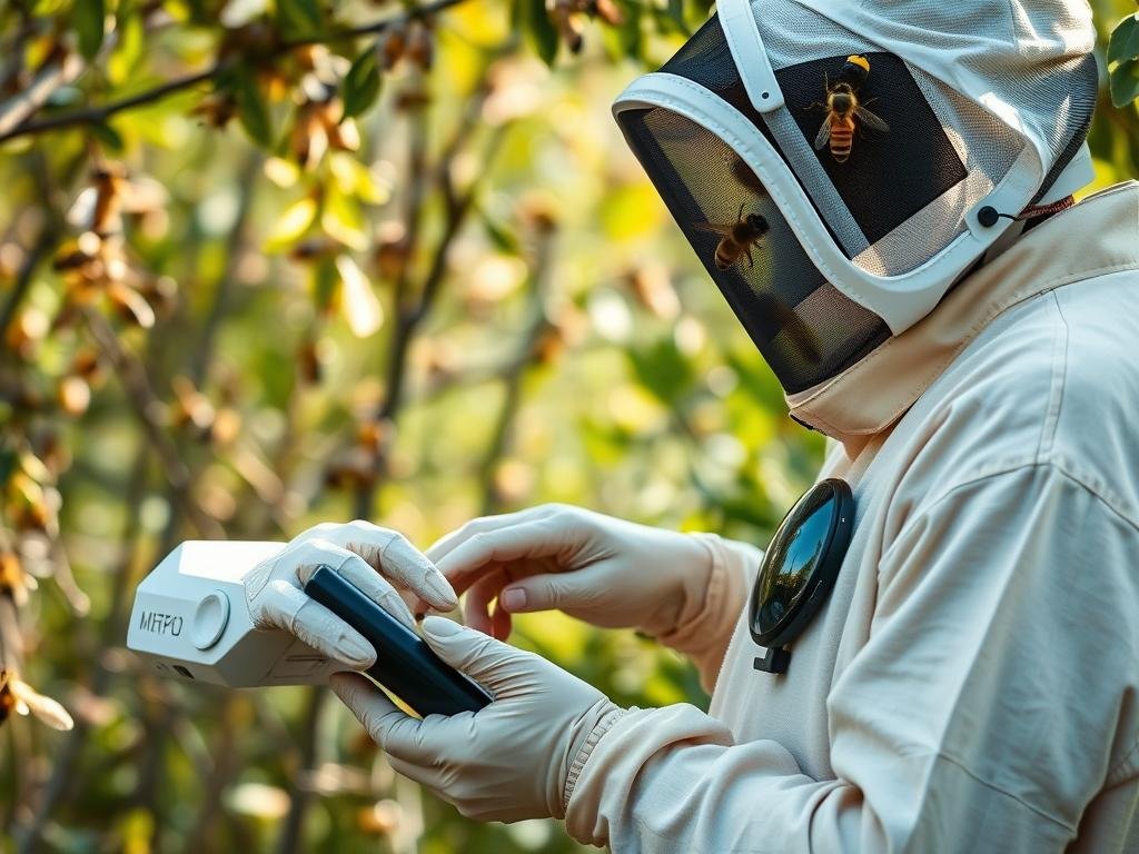 Genera un'immagine che rappresenti un apicoltore che utilizza un dispositivo con intelligenza artificiale per monitorare le api Genera un'immagine che rappresenti un apicoltore che utilizza un dispositivo con intelligenza artificiale per monitorare le api