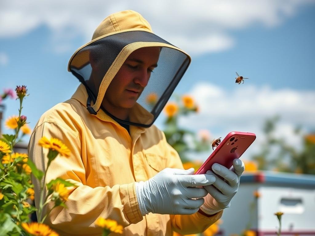 Genera un'immagine che rappresenti un apicoltore che utilizza un'app per gestire le fioriture e il nomadismo degli alveari.