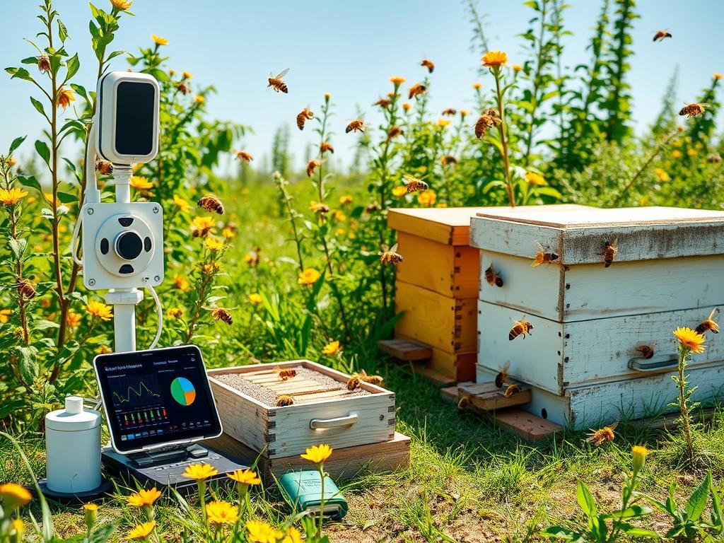 Genera un'immagine che rappresenti un sistema di acquisizione dati per il monitoraggio delle api