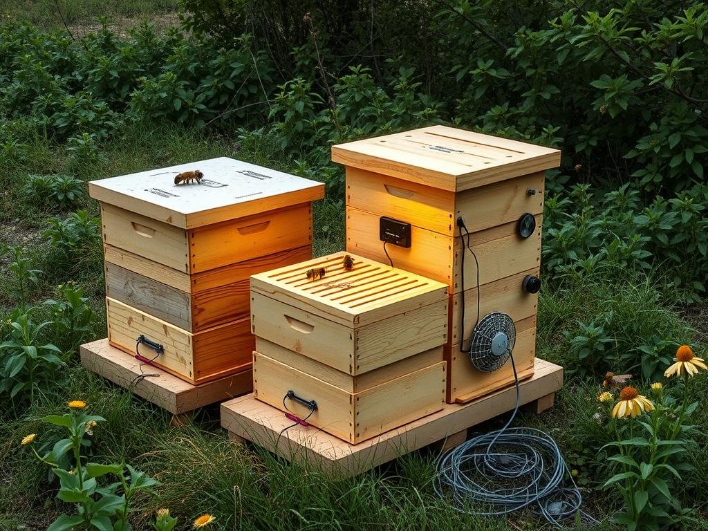 Genera un'immagine che rappresenti un sistema di monitoraggio intelligente per alveari con sensori e dispositivi di raccolta dati.
